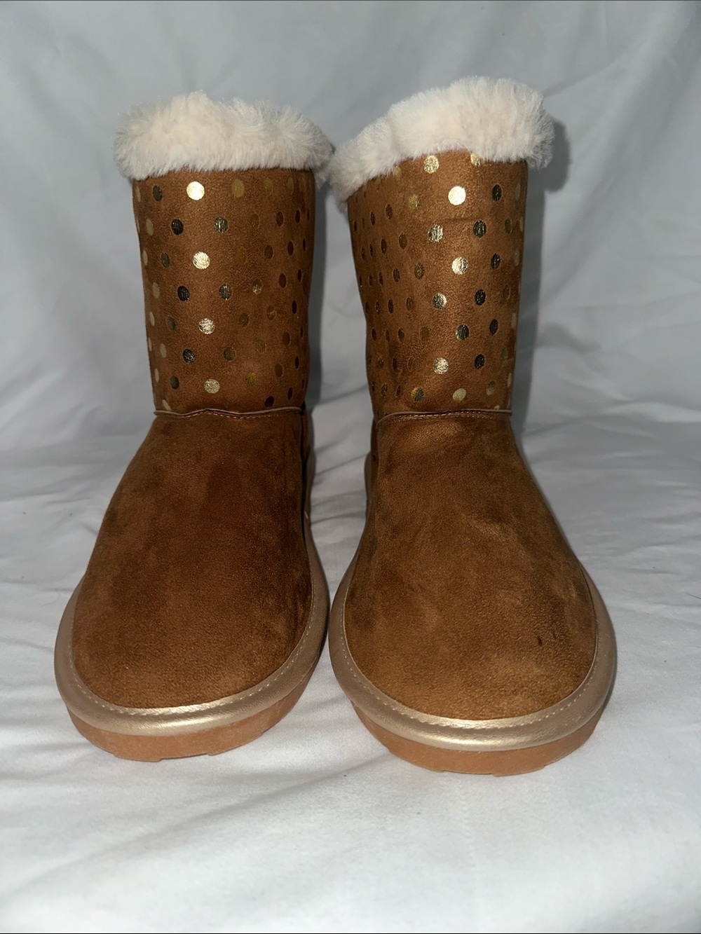 True Craft Brown Suede Shearling-Trim Boots with Gold Dot Accents